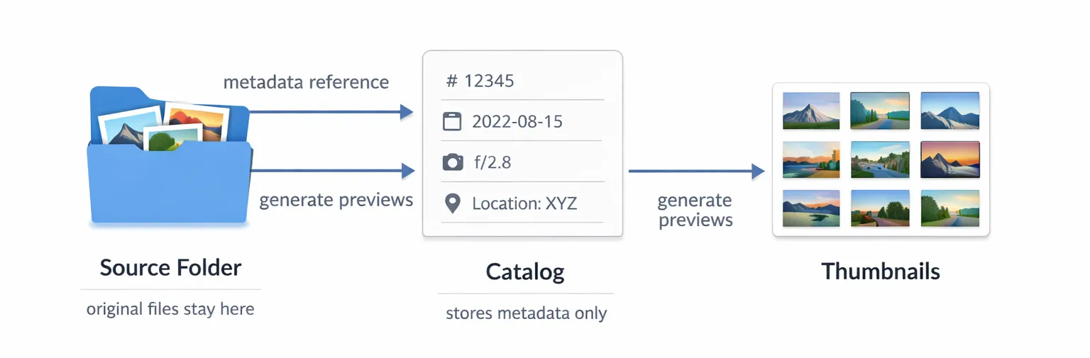 Diagram showing relationship between Catalog, Source Folders, and Thumbnails
