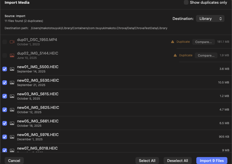 Import screen with file list and duplicate indicators