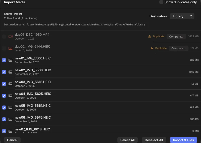 Import screen with file list and duplicate indicators