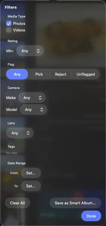 Filter panel showing rating, flag, and media type options