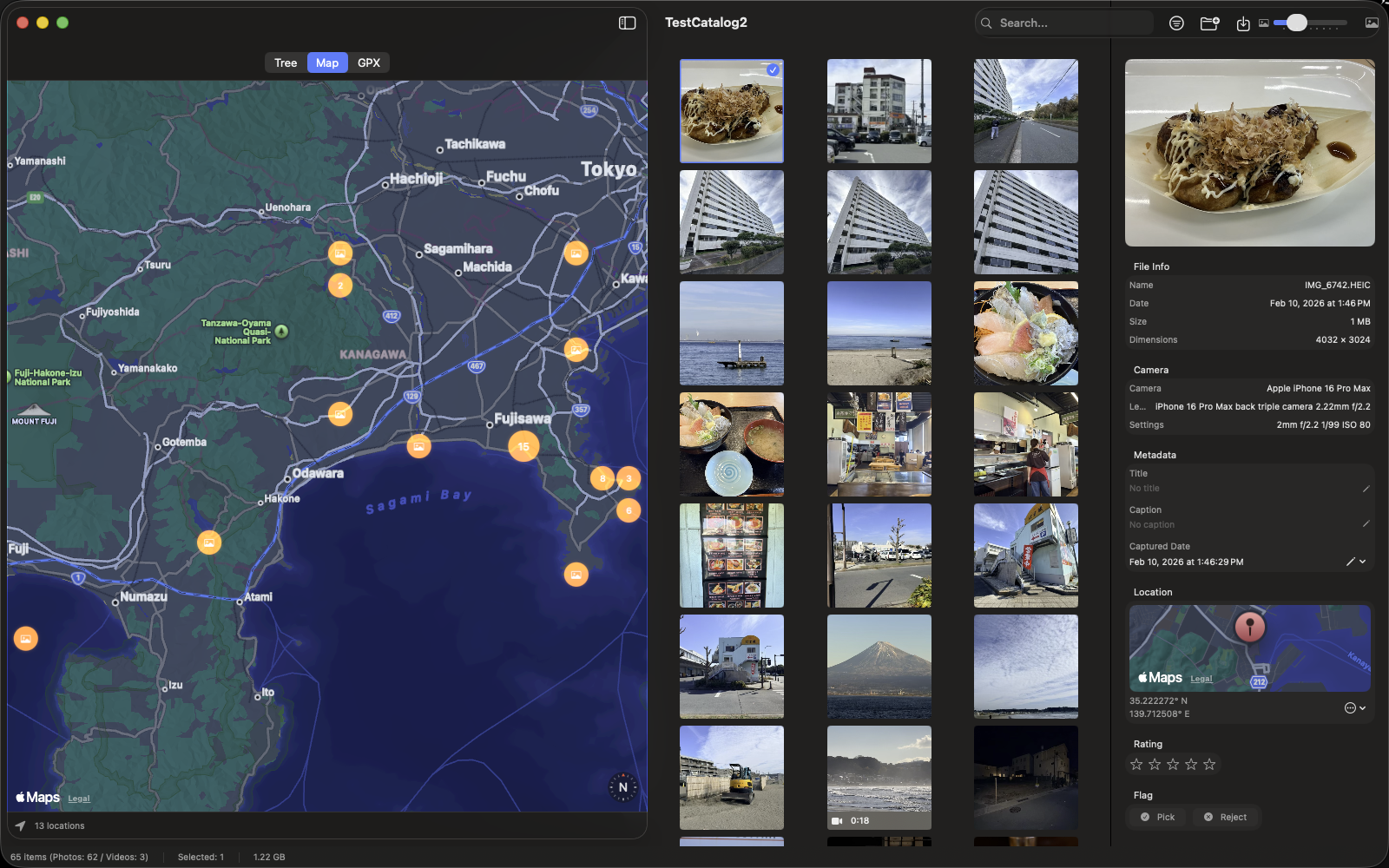 Map and GPX view showing pins, track lines, and photo preview