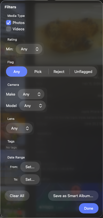 Expanded search filter screen