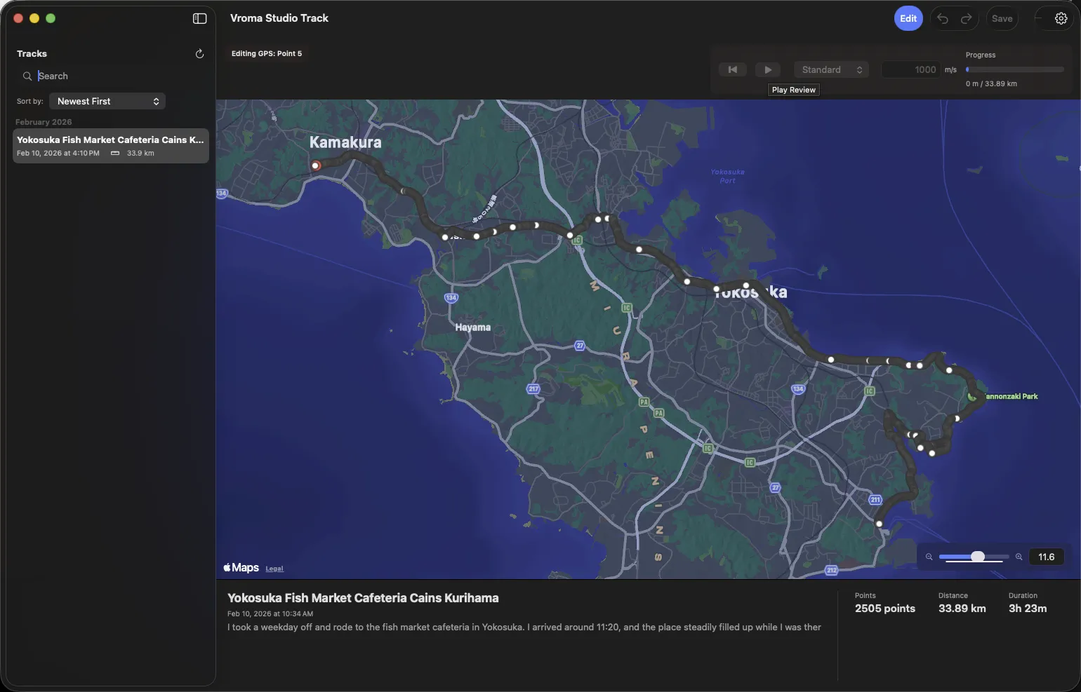 Route editing in Vroma Studio Track on macOS