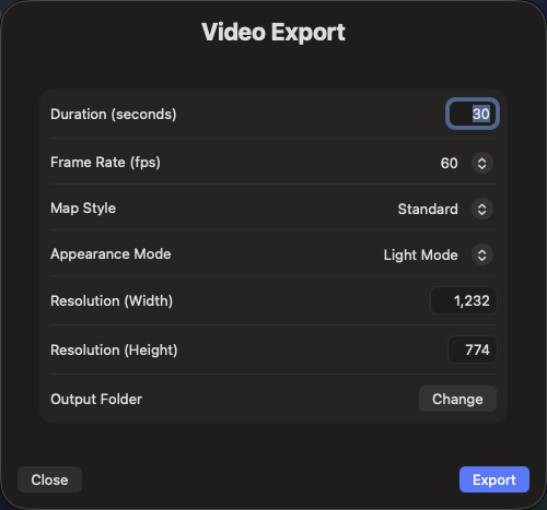 Video export settings screen
