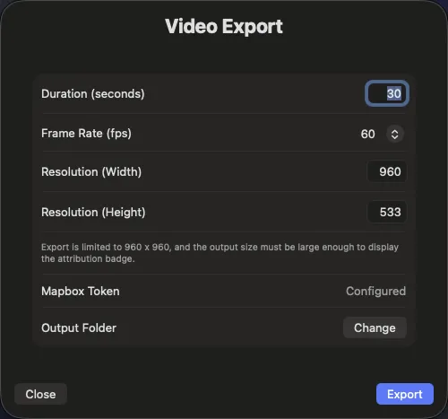 Map video export settings dialog