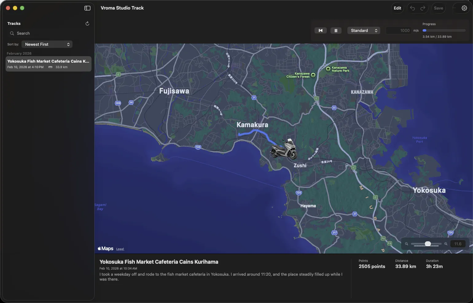 Vroma Studio Track replaying a route on macOS