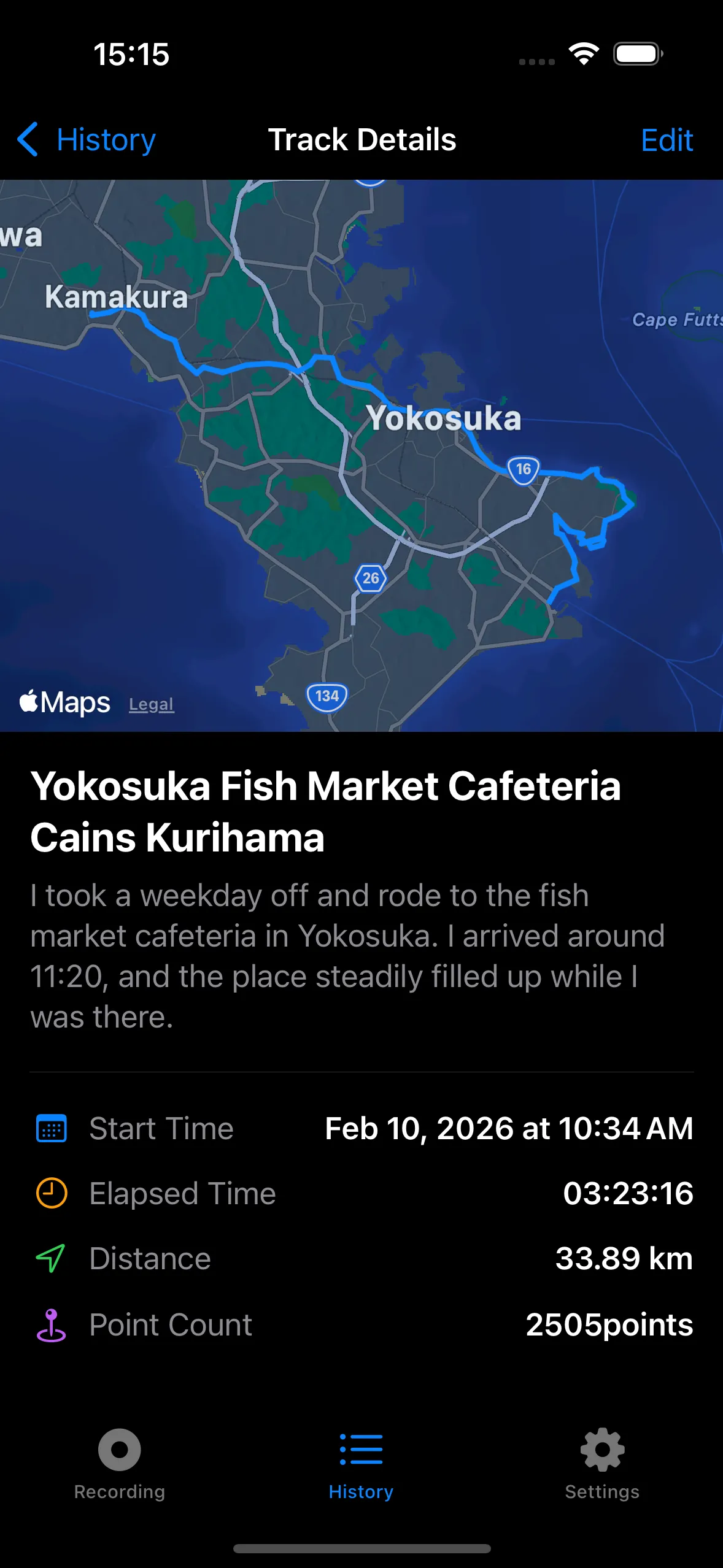 Ride history detail in Vroma on iPhone