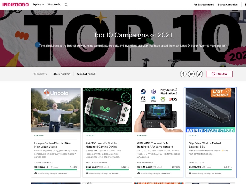 INDIEGOGO 2021 Top 10 Campaigns of 2021