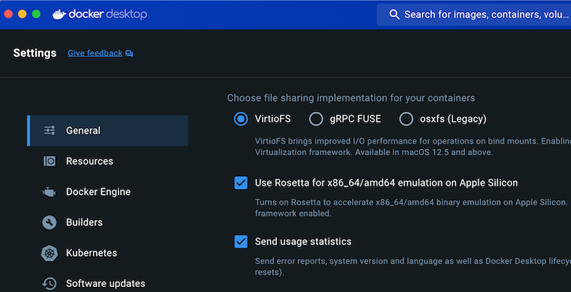 Docker Desktop → 歯車 → General → Use Rosetta for x86/amd64 emulation on Apple Silicon